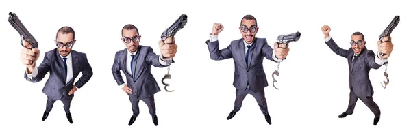 Legrační muž s pistolí izolovaných na bílém — Stock fotografie