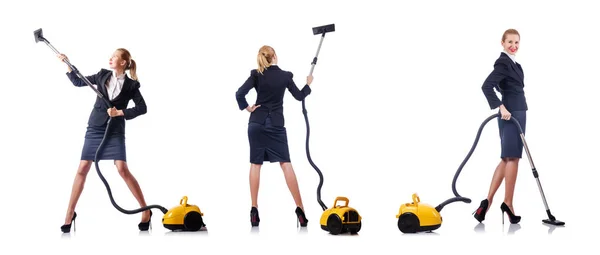 Businesswoman cleaning with vacuum cleaner on white — Stock Photo, Image