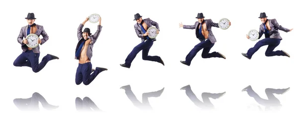 Muscular half naked businessman jumping on white — Stock Photo, Image