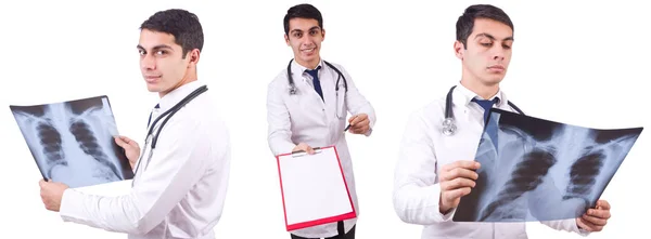 Young doctor with x-ray image on white — Stock Photo, Image