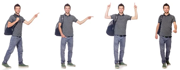 Колаж студента з рюкзаком на білому — стокове фото