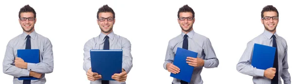 Empresario con bloc de notas azul aislado en blanco —  Fotos de Stock