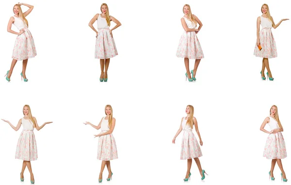 Mulher na moda parece isolada no branco — Fotografia de Stock