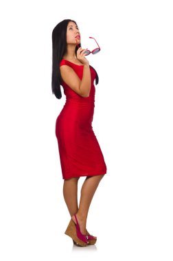 Beyaz arka planda izole edilmiş güzel bir kadın modeli.