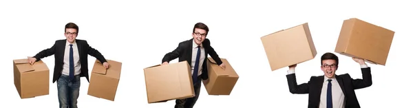 Hombre divertido con cajas aisladas en blanco — Foto de Stock