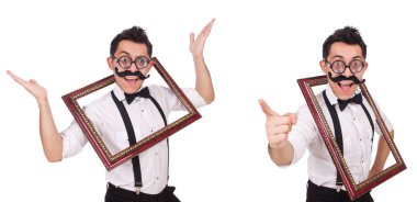 Beyaz izole kare olan genç adam