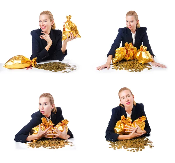 Woman with coins and golden sacks — Stock Photo, Image