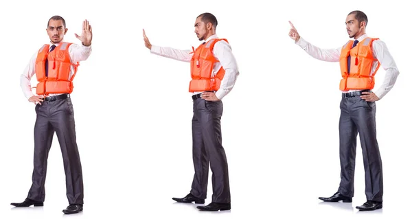 Επιχειρηματίας με ασφάλεια vest διάσωσης σε λευκό — Φωτογραφία Αρχείου