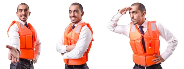 Homem em colete salva-vidas isolado em branco — Fotografia de Stock