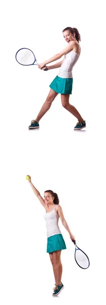 Vrouw tennisser geïsoleerd op wit — Stockfoto