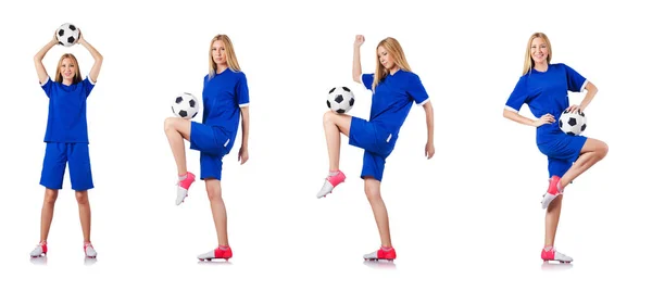 Mulher jogando futebol no branco — Fotografia de Stock