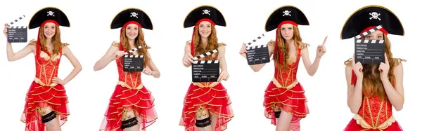 Mulher pirata com placa de filme — Fotografia de Stock