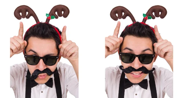 Hombre bigoteado divertido con cuernos aislados en blanco —  Fotos de Stock