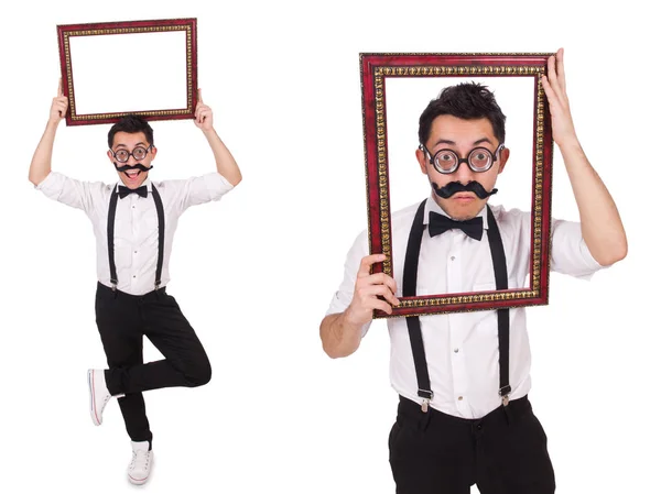 Young man with frame isolated on white — Stock Photo, Image