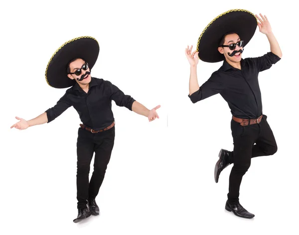 Grappige man draagt Mexicaanse sombrero hoed geïsoleerd op wit — Stockfoto