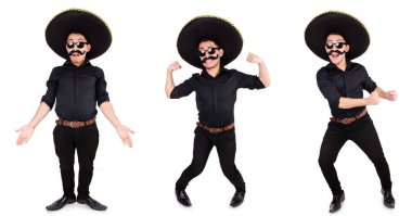 Meksika şapkası takan komik bir adam beyaz şapkalı.