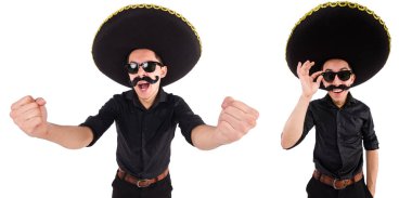 Meksika şapkası takan komik bir adam beyaz şapkalı.