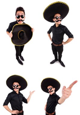 Meksika şapkası takan komik bir adam beyaz şapkalı.