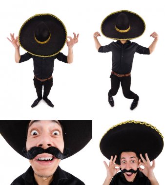 Meksika şapkası takan komik bir adam beyaz şapkalı.