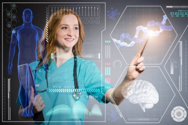 Fütürist tıp konsepti doktoru düğmeye basıyor