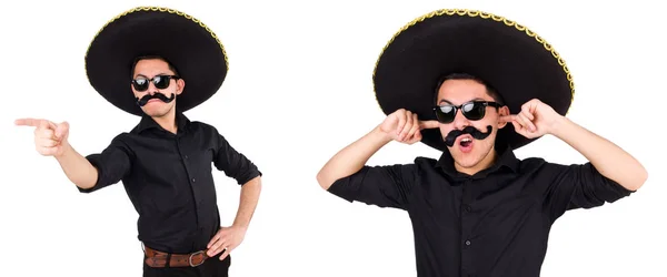 Homem engraçado usando chapéu sombrero mexicano isolado em branco — Fotografia de Stock