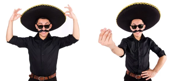 Vtipný muž na sobě mexické sombrero klobouk izolovaný na bílém — Stock fotografie
