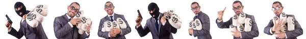 Gangster met zakken van geld op wit — Stockfoto