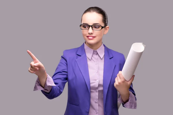 Young woman architect pressing virtual button — Stock Photo, Image