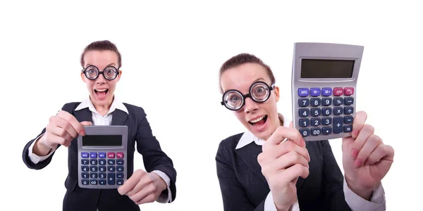 Nerd vrouwelijke boekhouder met calculator — Stockfoto