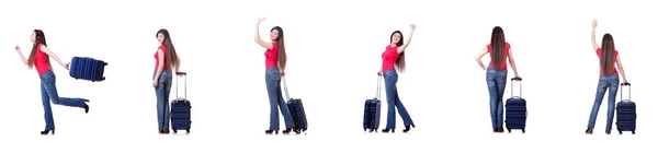 Jolie fille avec valise isolée sur blanc — Photo