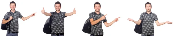 Коллаж студента с рюкзаком на белом — стоковое фото