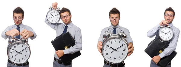 Collage von Geschäftsmann mit Uhr auf Weiß — Stockfoto