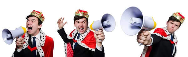 Man met kroon en megafoon geïsoleerd op wit — Stockfoto