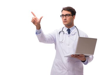 Doktor beyaz arka plan üzerinde izole dizüstü bilgisayar ile