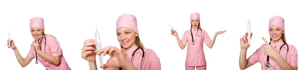 Mujer doctora con jeringa sobre blanco — Foto de Stock