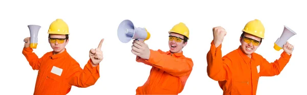 Construtor com alto-falante isolado em branco — Fotografia de Stock