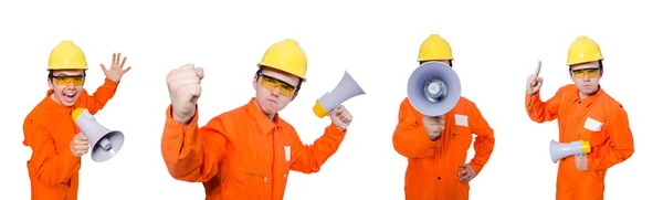 Builder with loudspeaker isolated on white — Stock Photo, Image