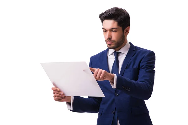 Бизнесмен, работающий на планшете изолирован на белом фоне — стоковое фото