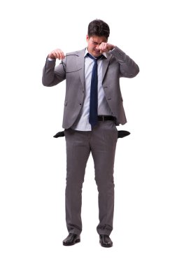 İflas etmiş işadamı beyaz arka planda izole edilmiş