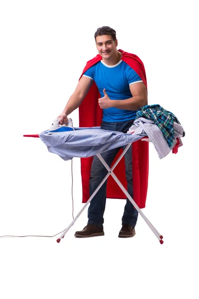 Super hero man husband ironing isolated on white — Stock Photo, Image