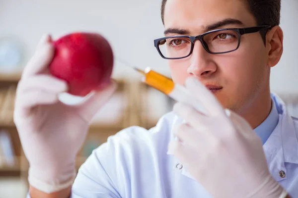 Científico trabajando en frutas y verduras orgánicas — Foto de Stock