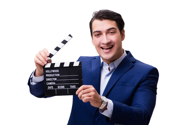 Bel homme avec film clapper isolé sur blanc — Photo