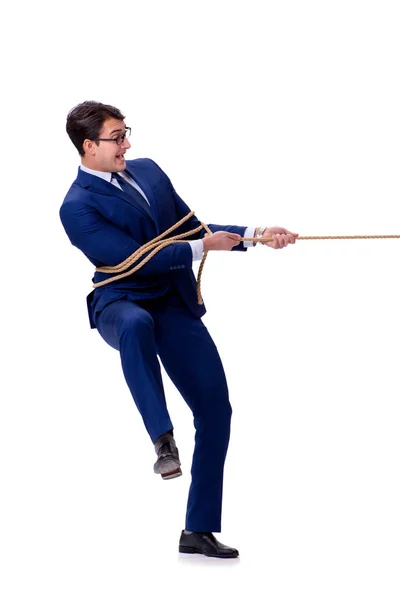 Zakenman gevangen met touw lasso geïsoleerd op wit — Stockfoto