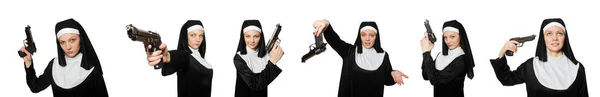 Nun with handgun isolated on white — Stock Photo, Image