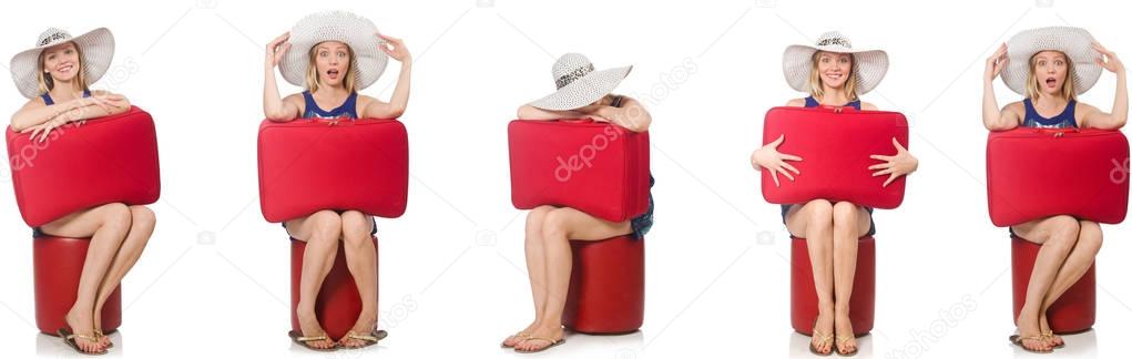 Collage of woman preparing for summer vacation isolated on white