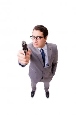 Tabancalı iş adamı beyaz arka planda izole edilmiş.