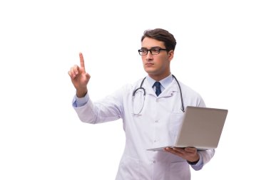 Doktor beyaz arka plan üzerinde izole dizüstü bilgisayar ile