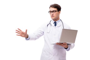 Doktor beyaz arka plan üzerinde izole dizüstü bilgisayar ile