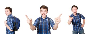 Sırt çantalı öğrenci beyaza izole edilmiş.