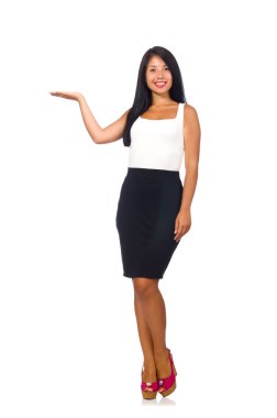 Beyaz arka planda izole edilmiş güzel bir kadın modeli.